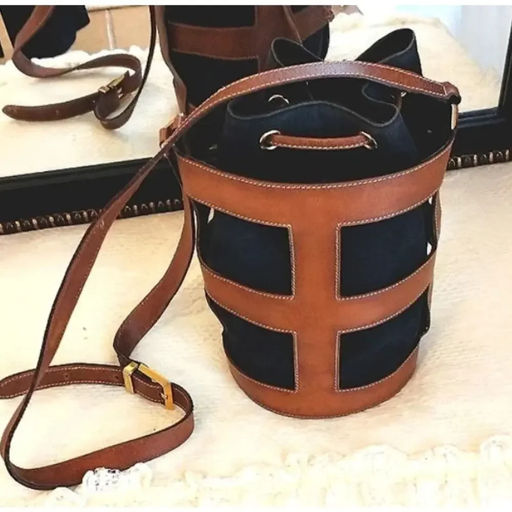 RARE Salvatore Ferragamo Rib Cage Bucket Bag Leather Designer Brass Collectible